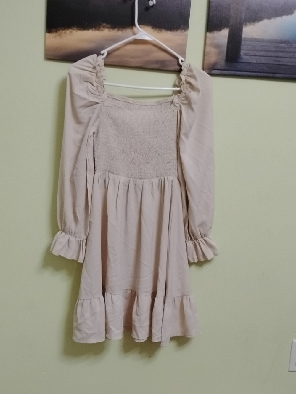 Women's Small Smocked Square-Neck Dress in Beige